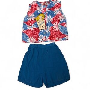 Vintage Playtown Girls 2-Piece Outfit Top & Shorts Red White Blue Daisy Sz 10